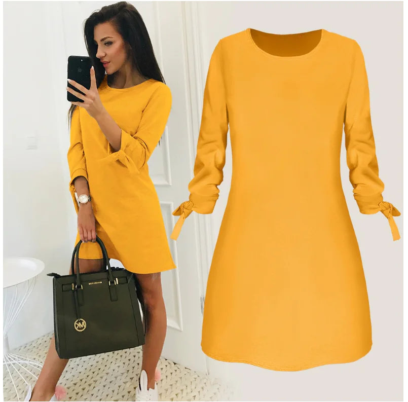Solid Color Casual O-Neck Dress with Tie Detail