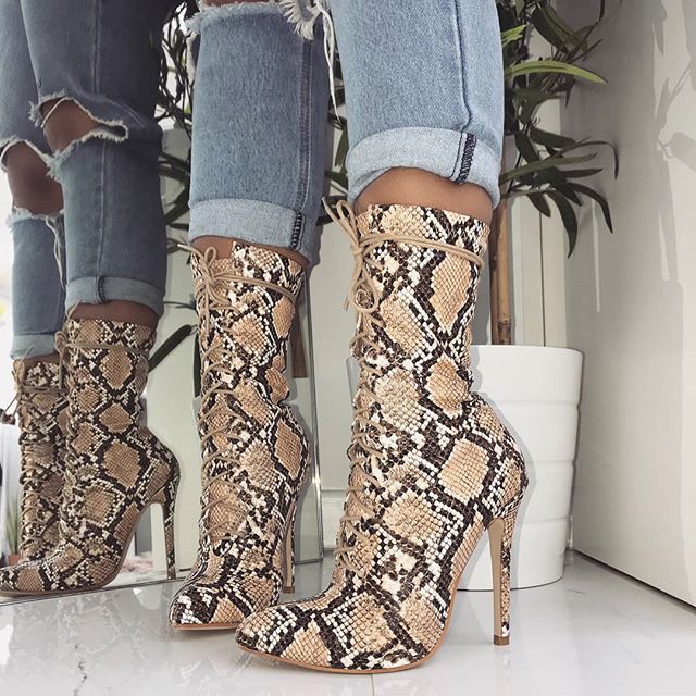 Snake Print High Heel Ankle Boots with Laces