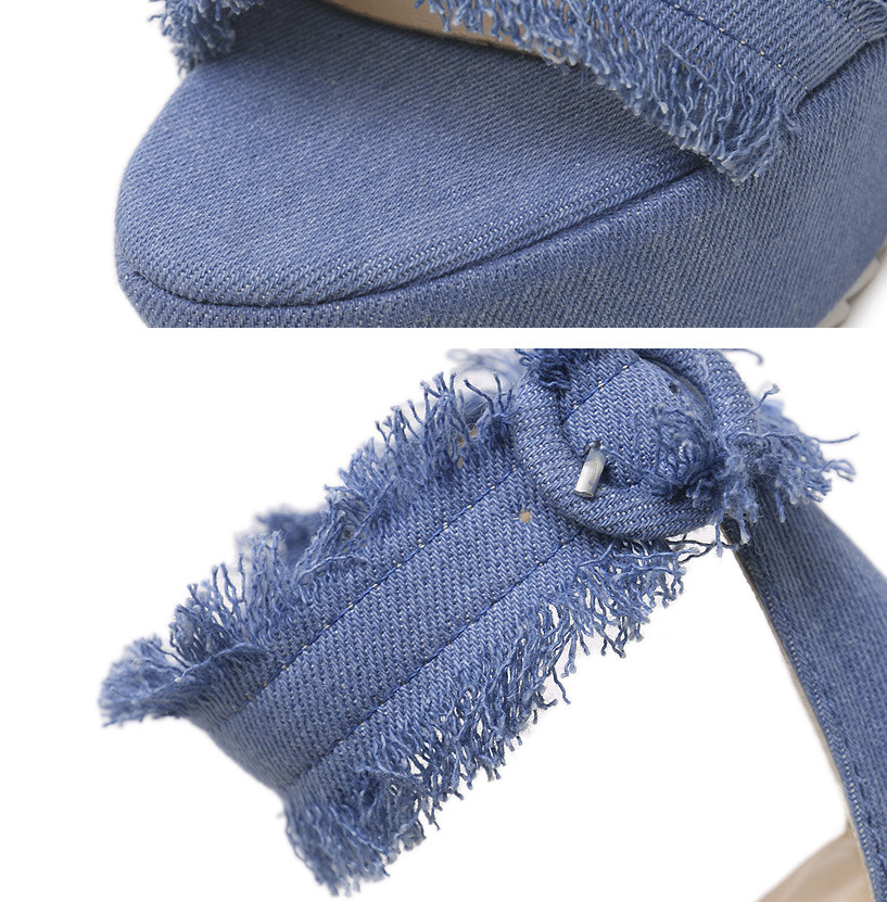 Wedge Denim Sandals with Frayed Edges and Buckle