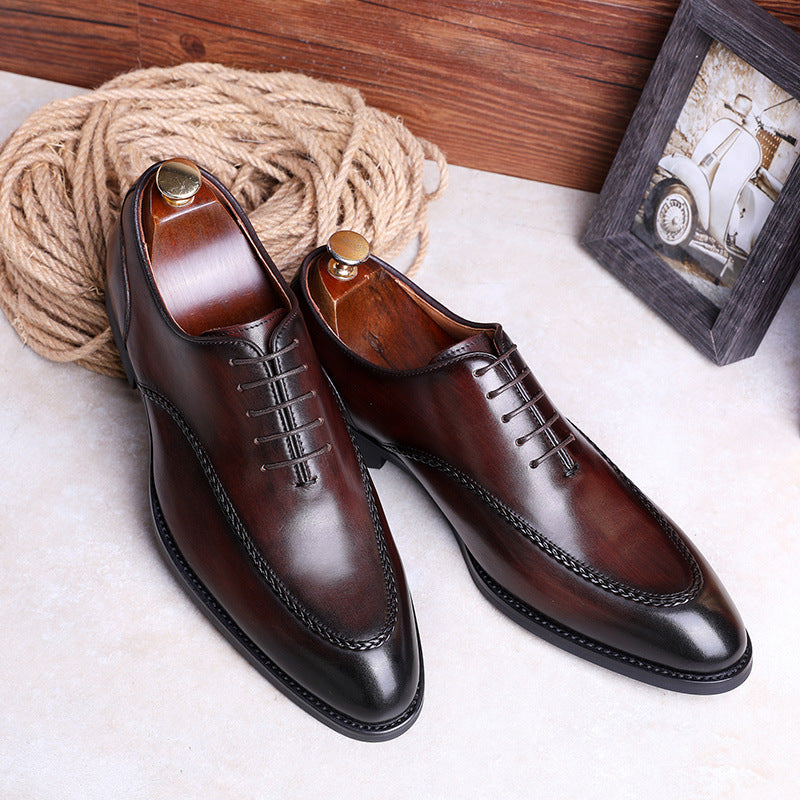 Lace-Up Shoes with Top Layer Cowhide and Rubber Sole