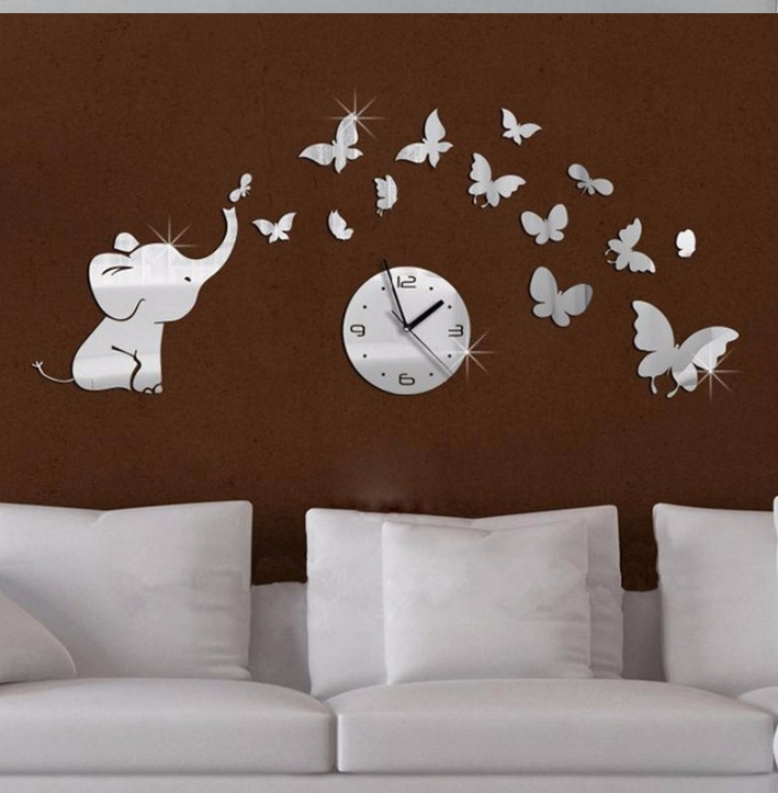 3D Elephant Butterfly Mirror Wall Clock Decor