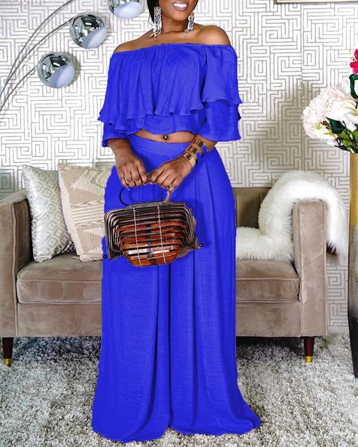 Plus Size 2 Piece Off Shoulder Crop Top & Wide Leg Pants