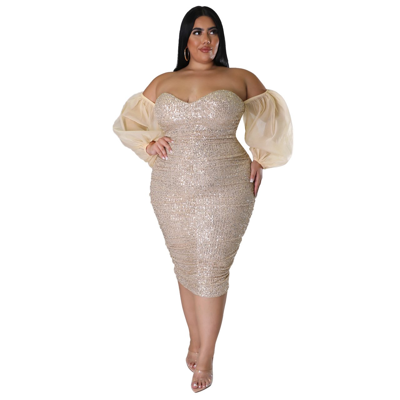 Solid Color Tube Top Mesh Evening Dress (Tight Fit)