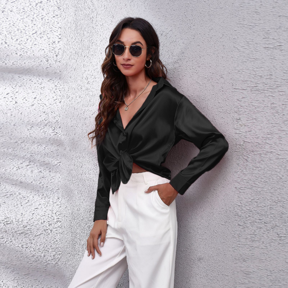 Elegant Loose Long Sleeve Satin Silk Women's Shirt