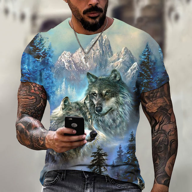 Men's Casual Short Sleeve T-Shirt with Wolf Pattern