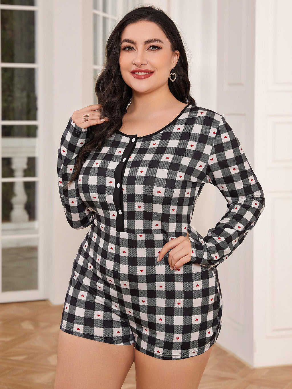 Plus Size Long Sleeve Plaid Heart Print Jumpsuit
