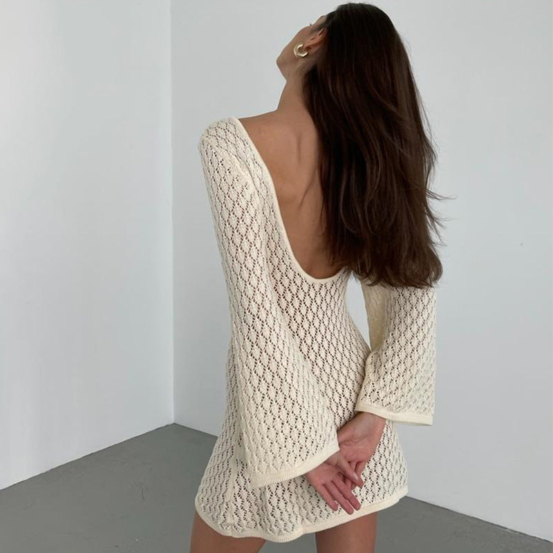 Summer Women's Solid Color Knitted Beach Cover-Up Dress