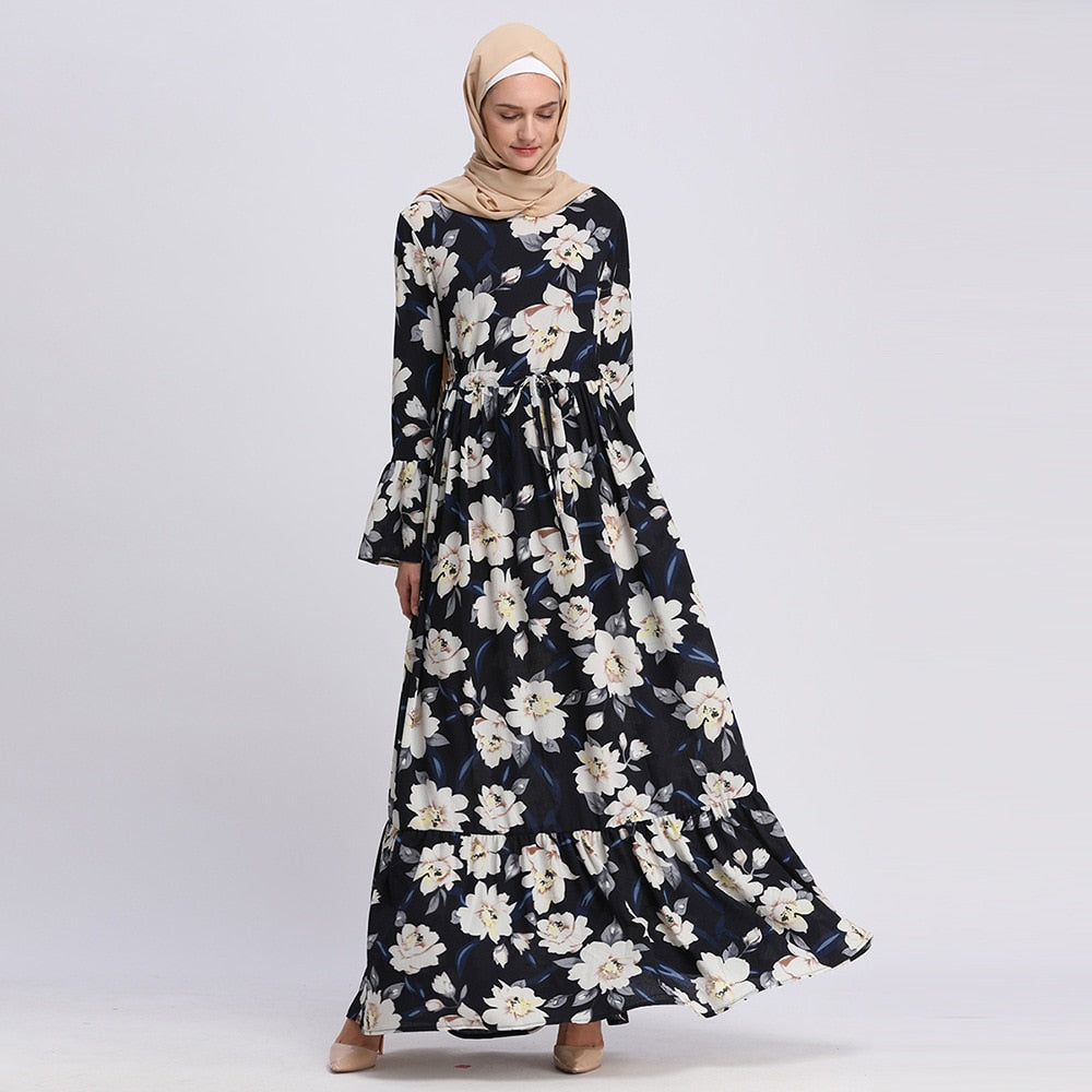 LR151 Long Floral Print Dress with Lily Design