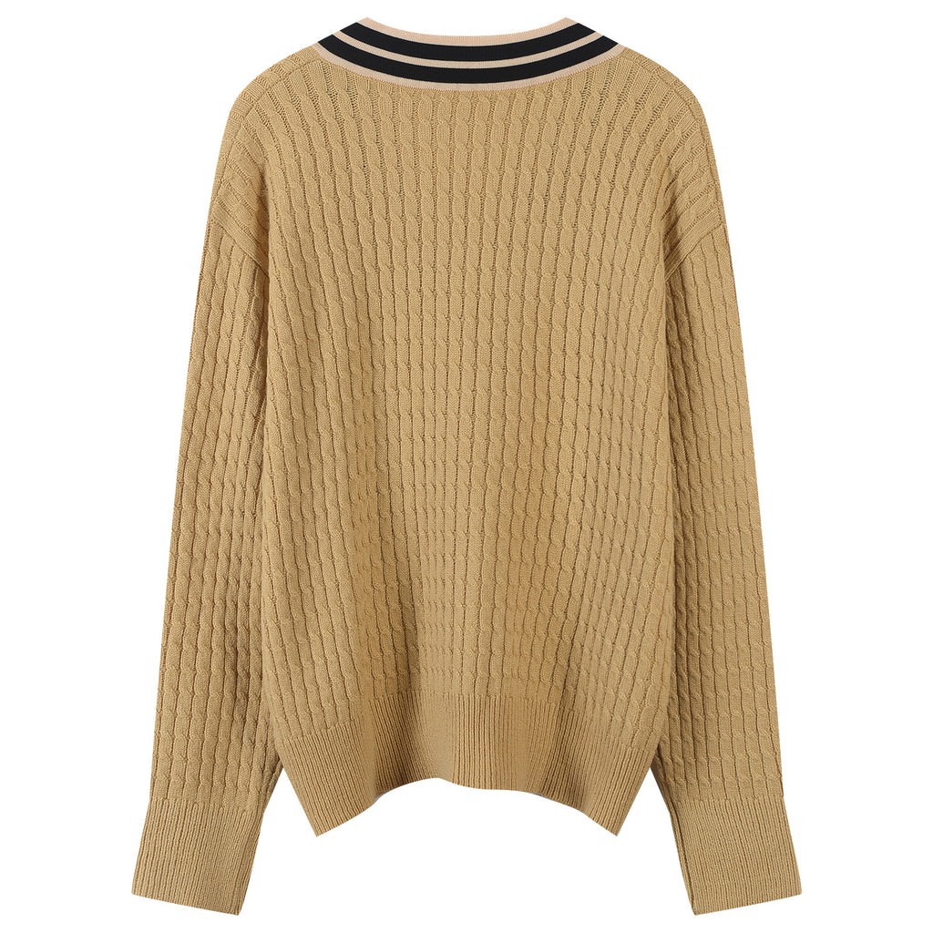 V-Neck Logo Knitted Sweater with Striped Trim for Women