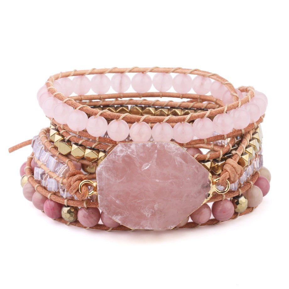 Natural Pink Quartz and Wood Stone Multi-Layer Bracelet