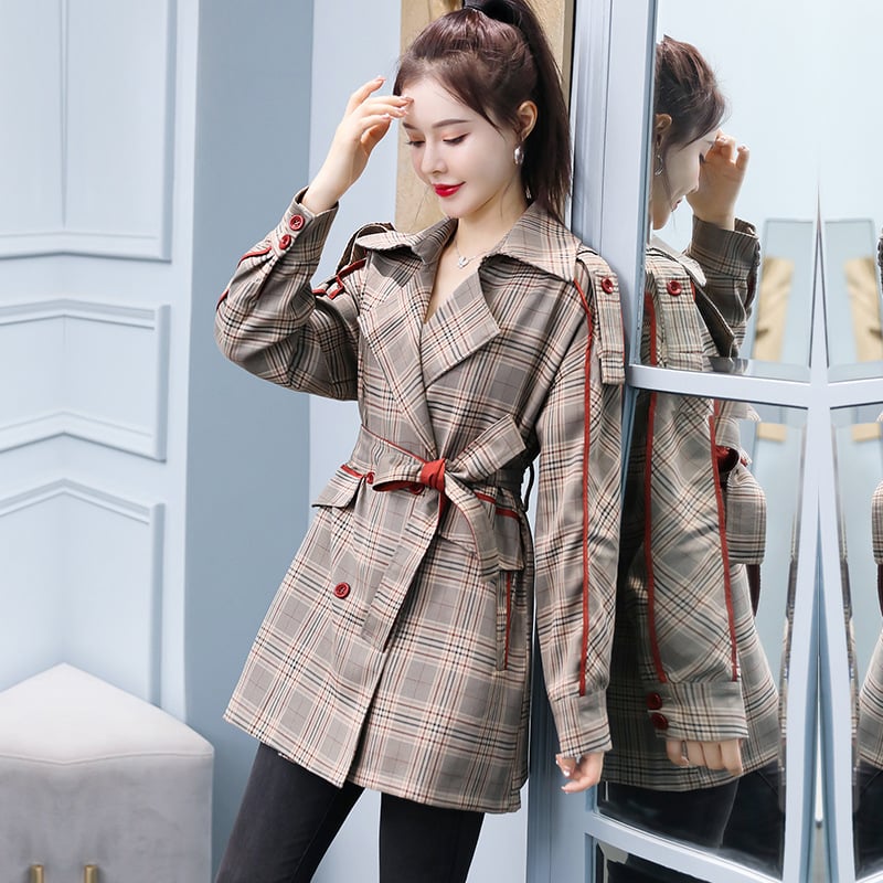 Mid-length Plaid Acrylic Korean Windbreaker Jacket