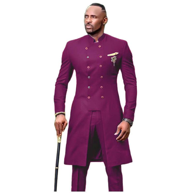 Men's Casual Double-Breasted Long Suit (Two-Piece Set)