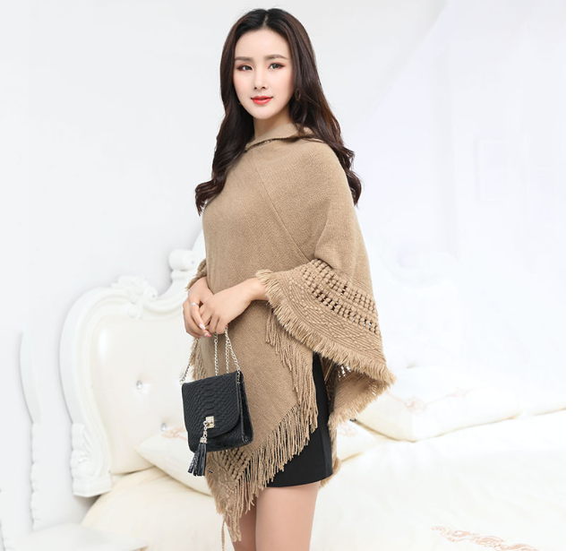 Hooded Solid Color Fringe Cape Shawl