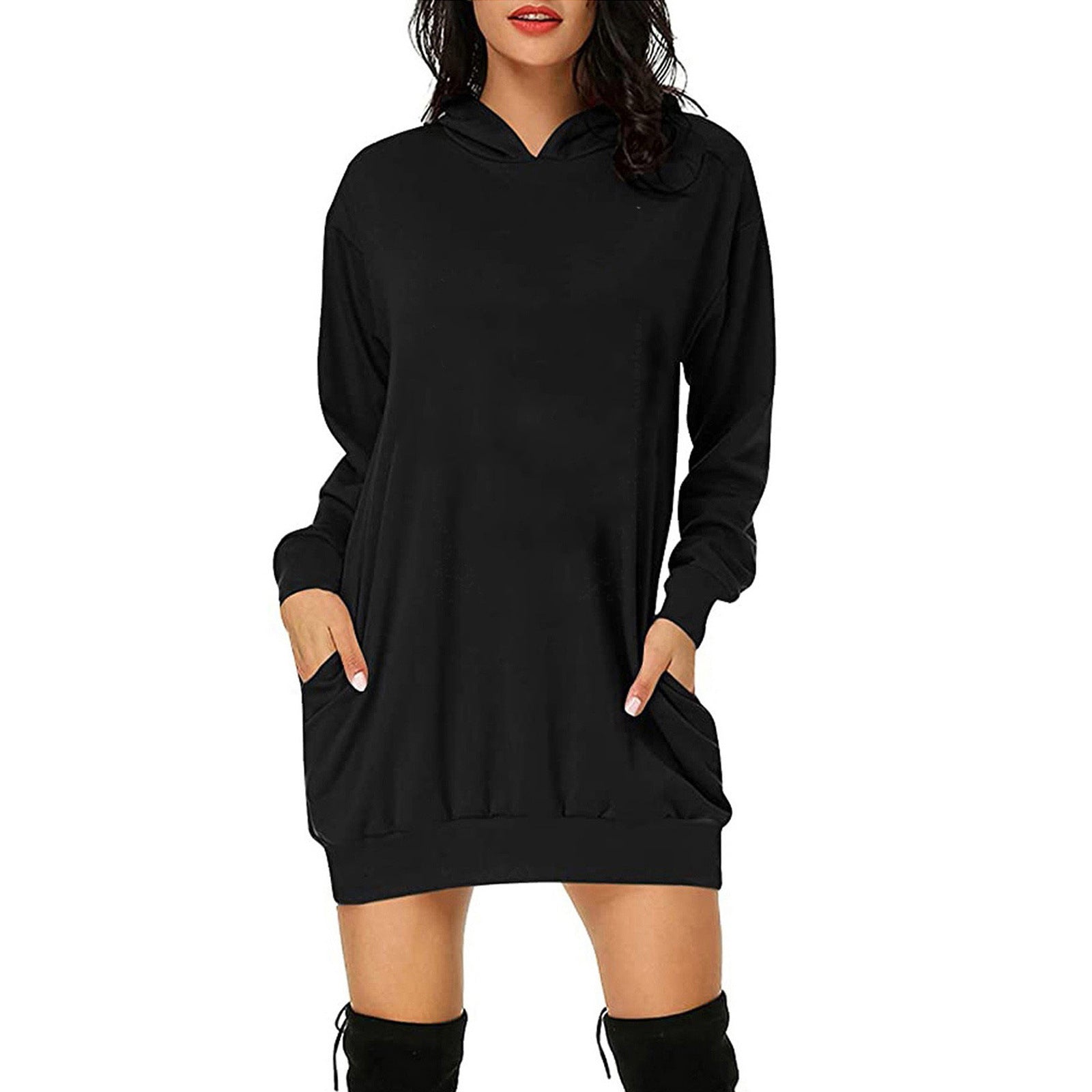 Solid Color Long Sleeve Sweater Dress with Loose Fit