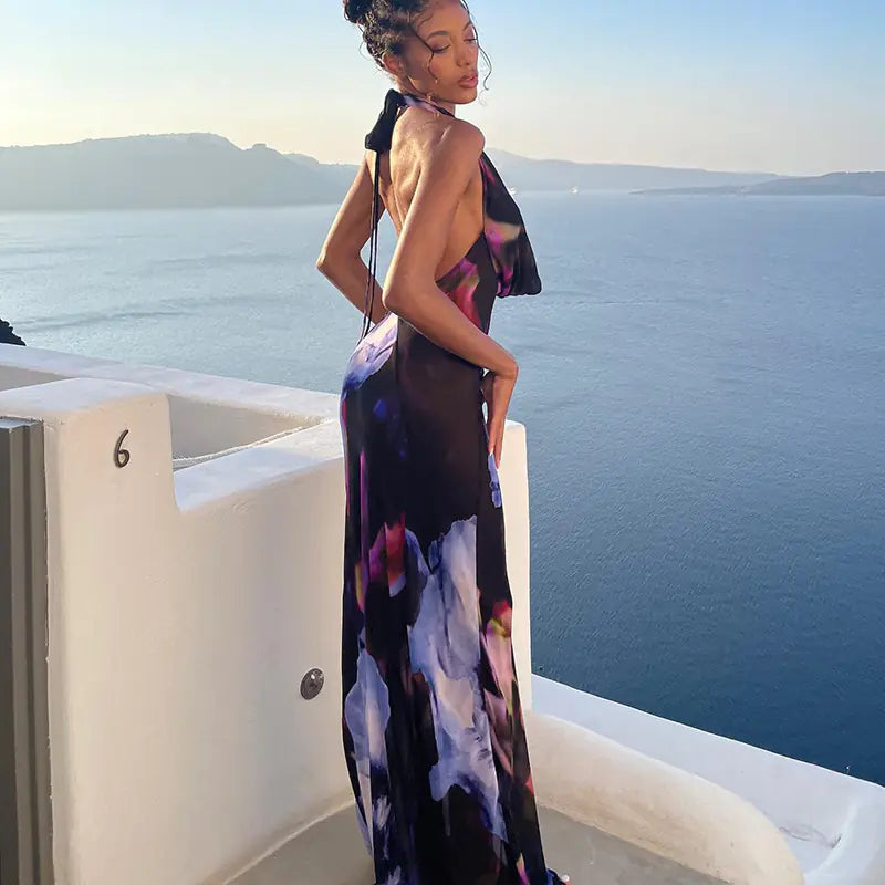 Sexy Purple Print Backless Long Dress for Women