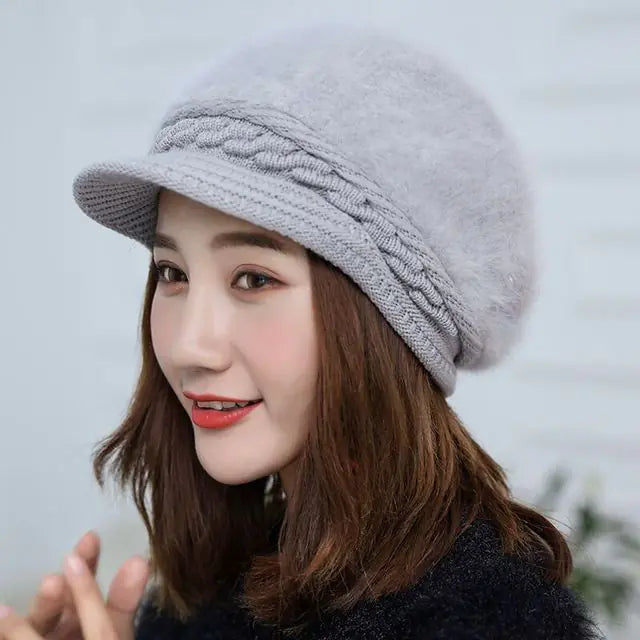 Winter Knitted Hooded Cap with Rabbit Fur for Women
