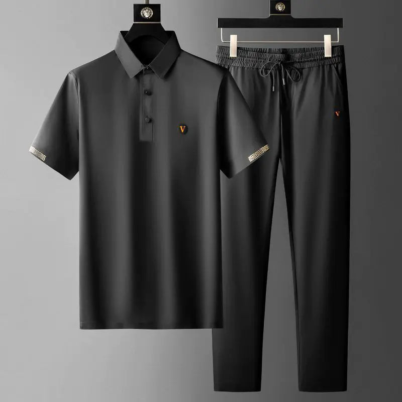Black Summer Men's Quick-Drying Polo and Trousers Set