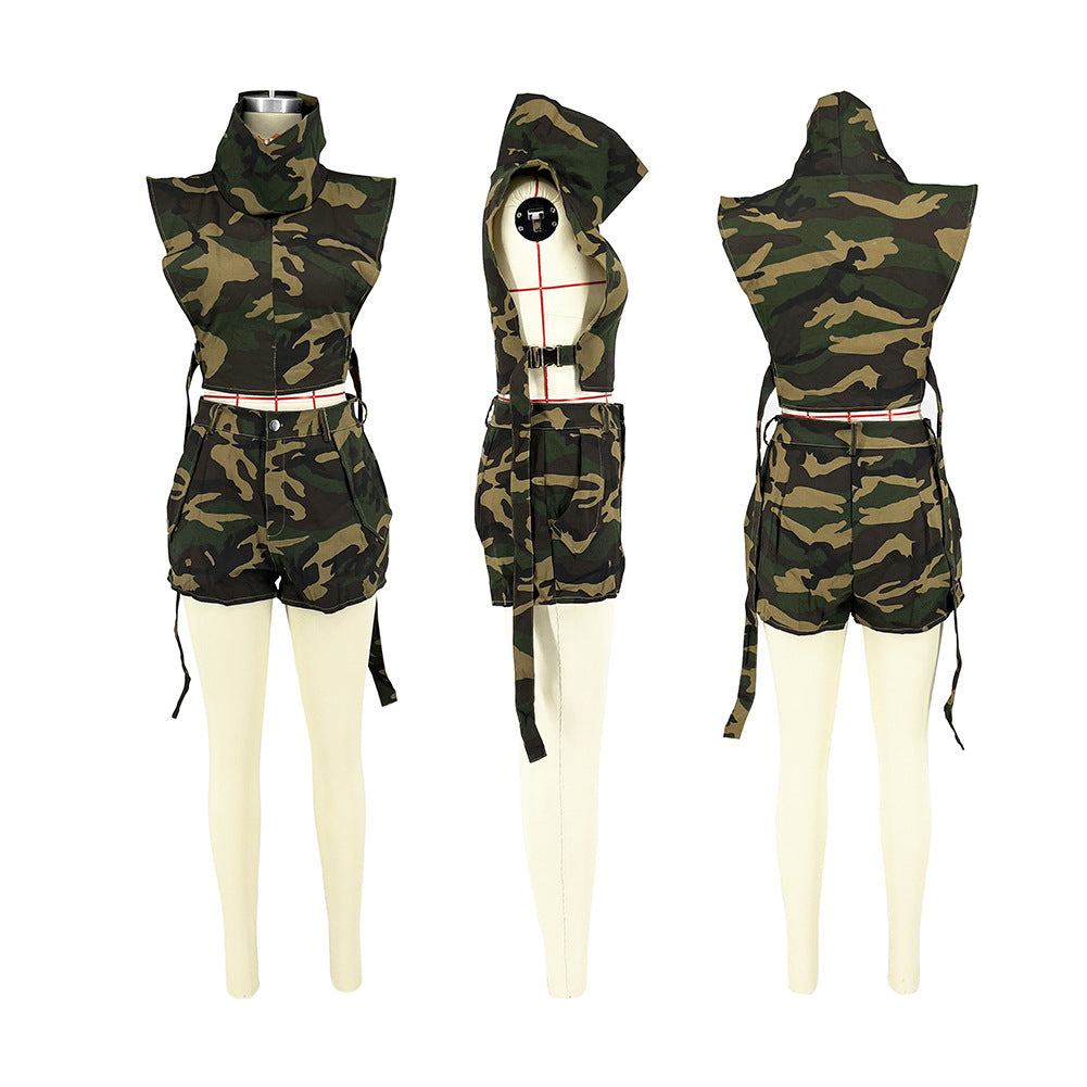 D88208 Women's Fashion Summer Camouflage Cotton Shorts Set