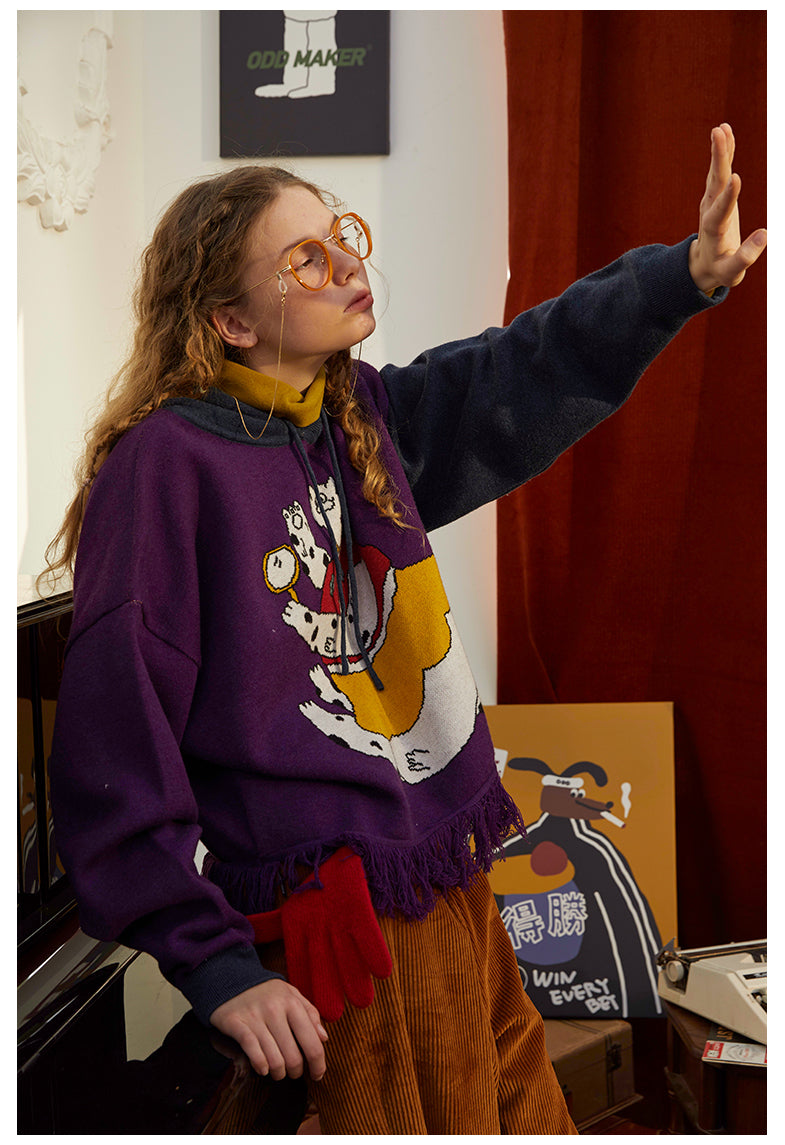 Odd Maker Cat Mirror Sweater with Tassels for Women