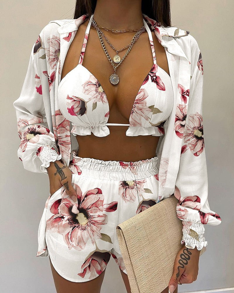 Tropical Print Lantern Sleeve Shirt and Shorts Set
