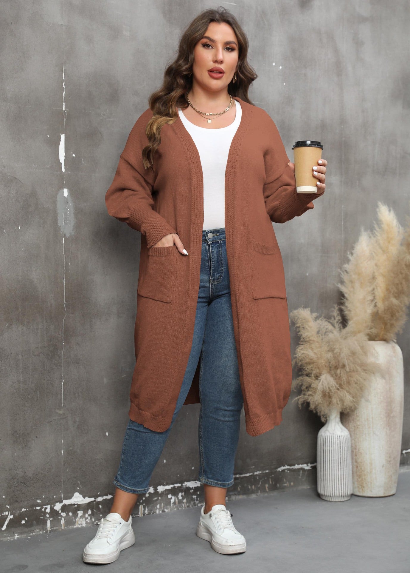 Large Loose Mid-Length Woven Sweater Coat with Pockets