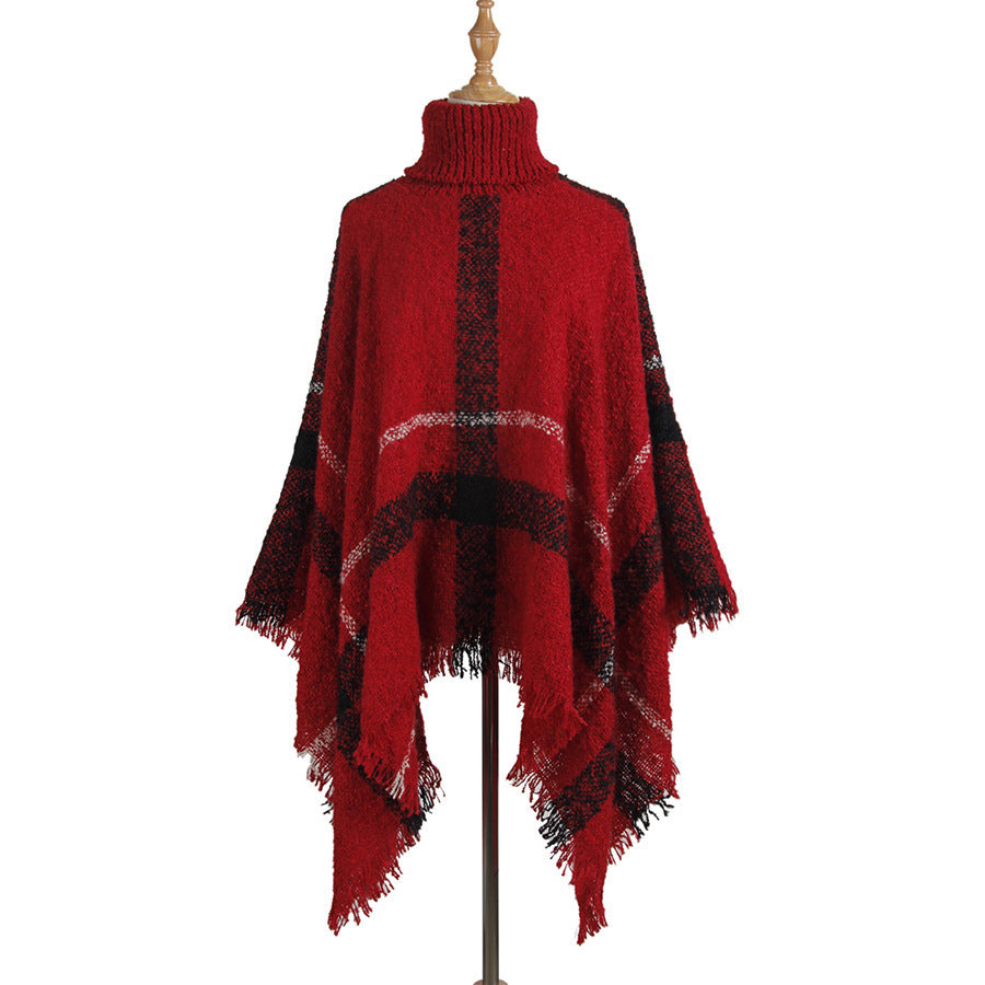 Knit Sweater with Turtleneck and Fringe Cape Design