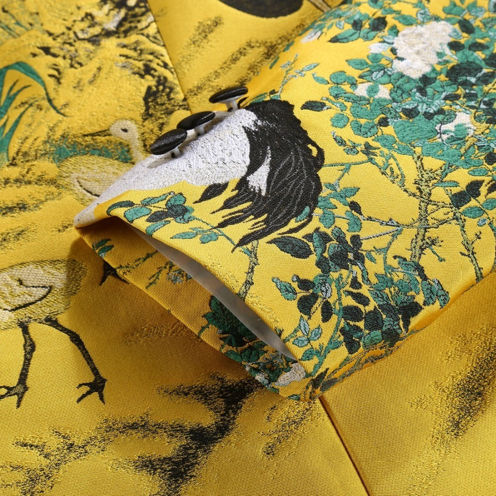 Men's Gold Yellow 4-Piece Jacquard Suit Set with Crane Pattern