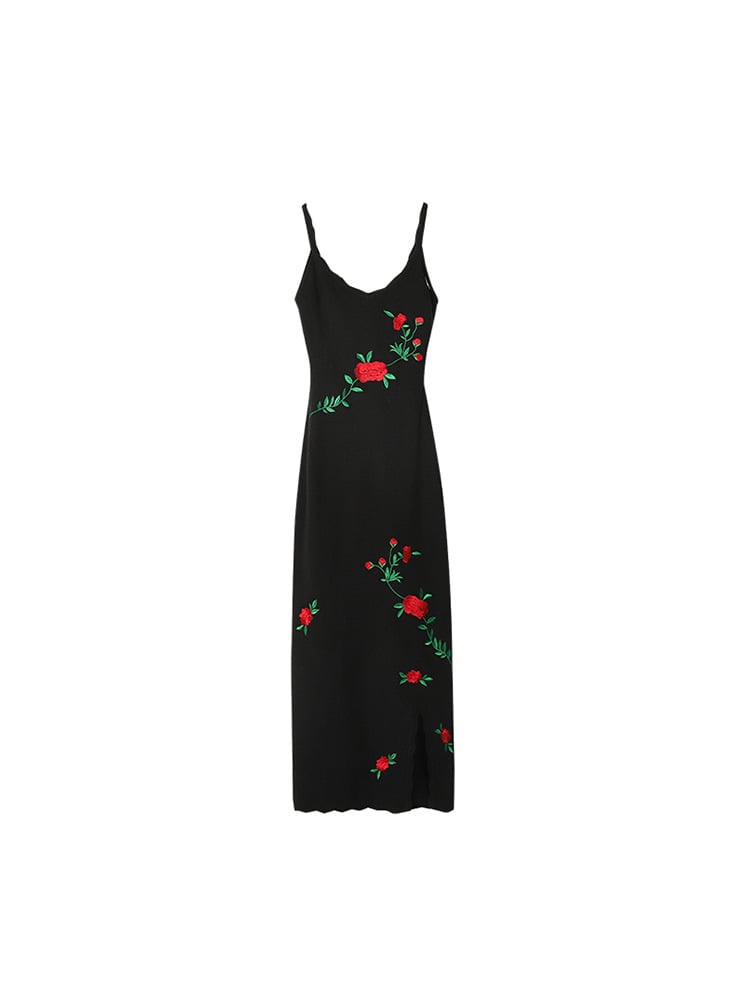 Black Slim Knitted Strap Split Dress for Women
