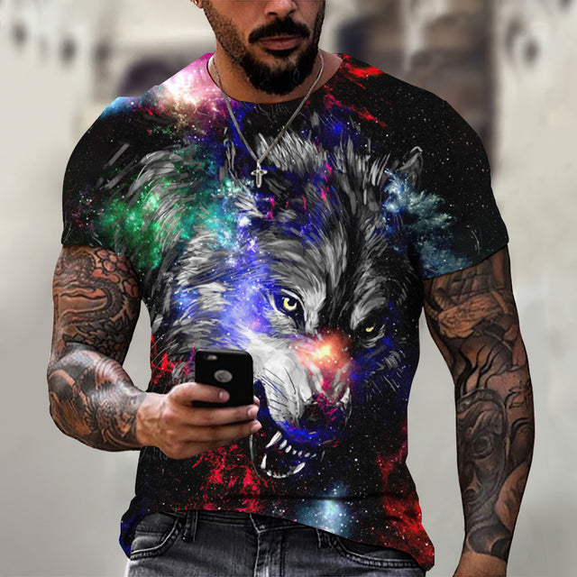 Men's Casual Short Sleeve T-Shirt with Wolf Pattern