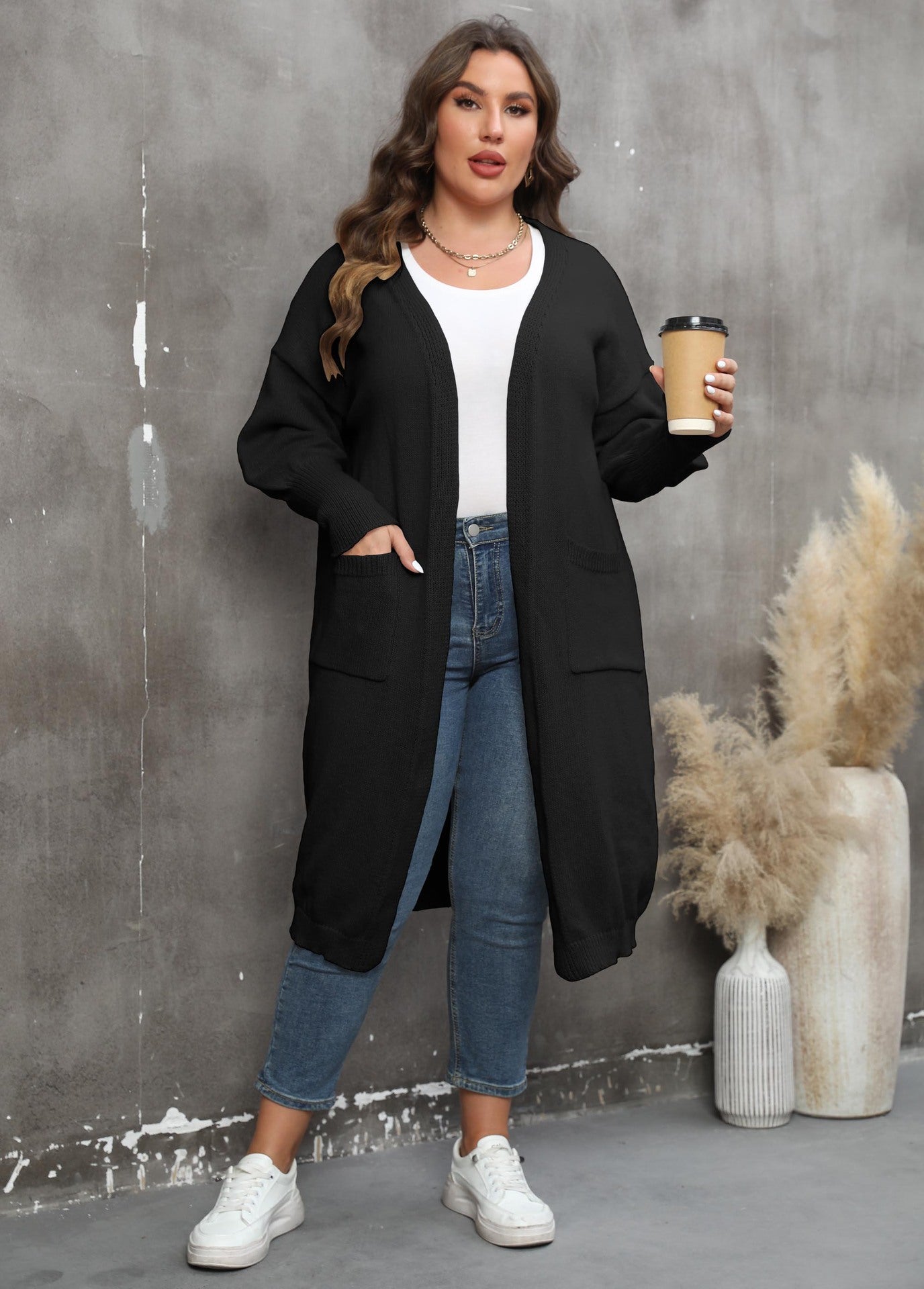 Large Loose Mid-Length Woven Sweater Coat with Pockets
