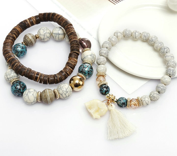 Stylish Elephant Charm Beaded Bracelet with Tassels