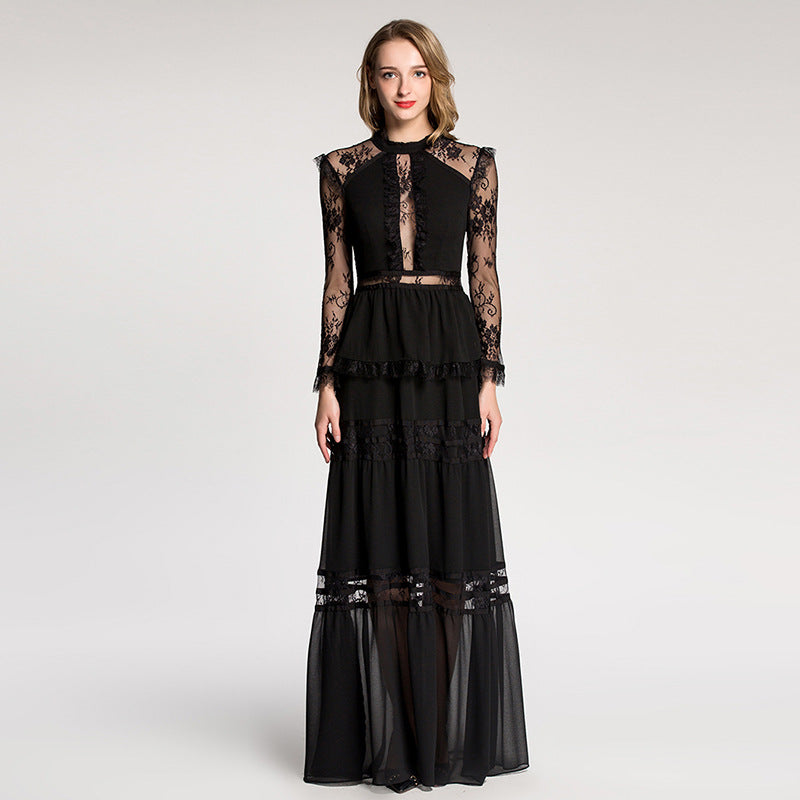 Elegant Lace Sheer Long Dress with Court Style