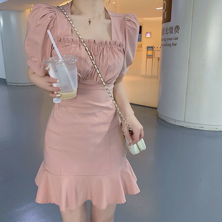 Women's Puff Sleeve Pink Summer Dress for Daily Wear