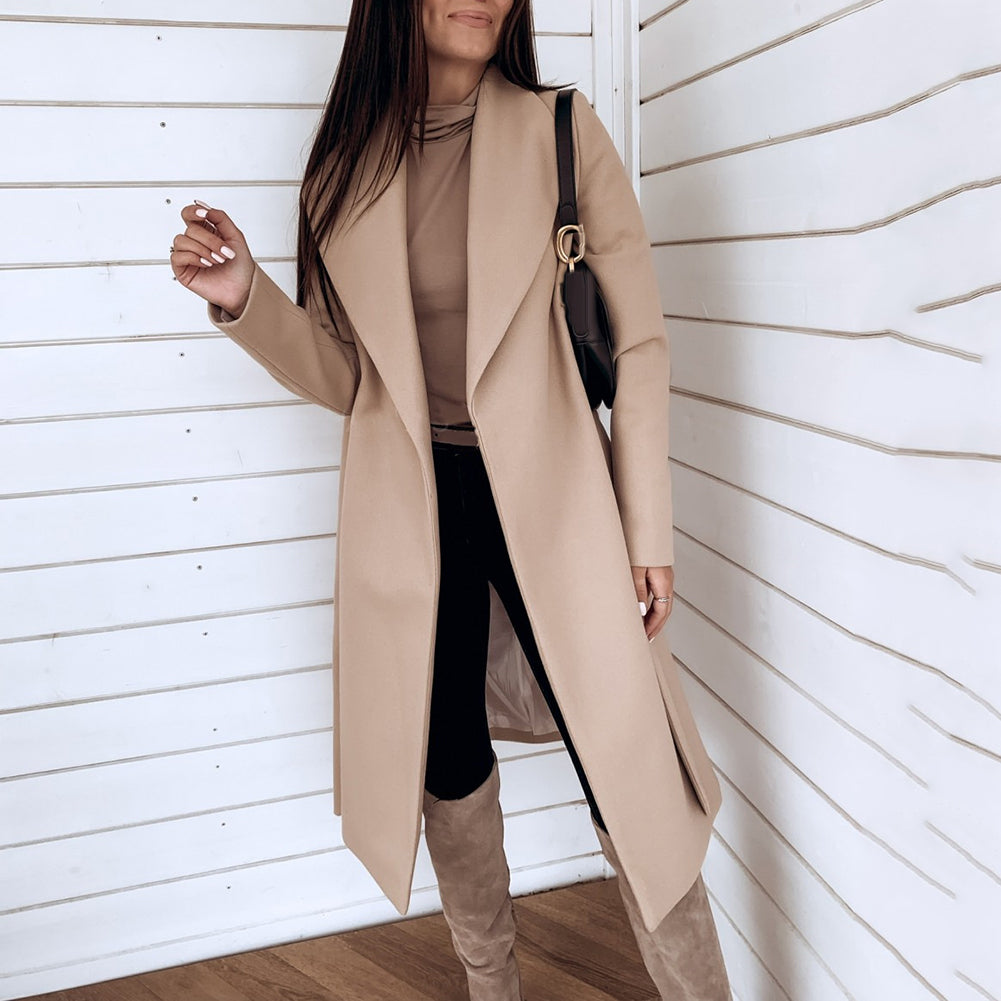 Women's Solid Color Wool Coat with Lace-Up Lapel