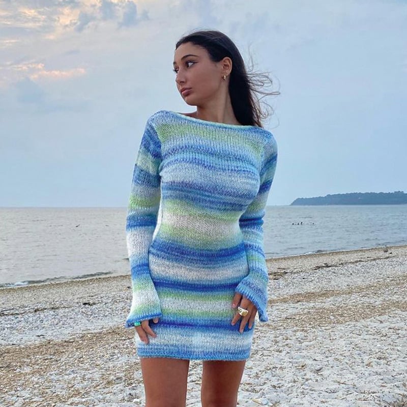 Striped Sweater Dress with Back Flared Sleeves