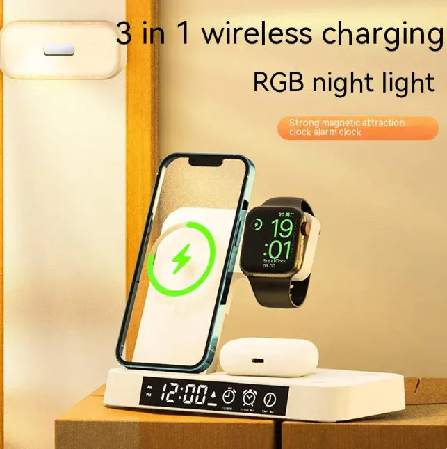 3-in-1 Magnetic Wireless Charger with Night Light - 30W Fast Charging for Apple, Samsung, Watch