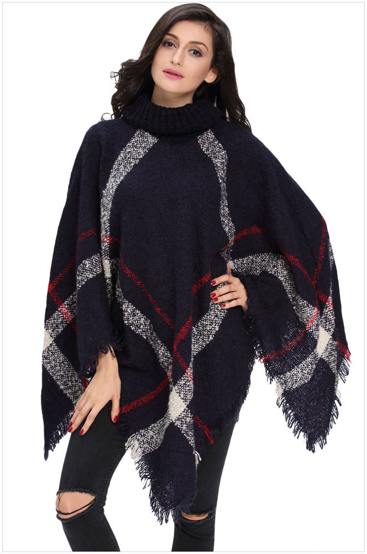 Knit Sweater with Turtleneck and Fringe Cape Design