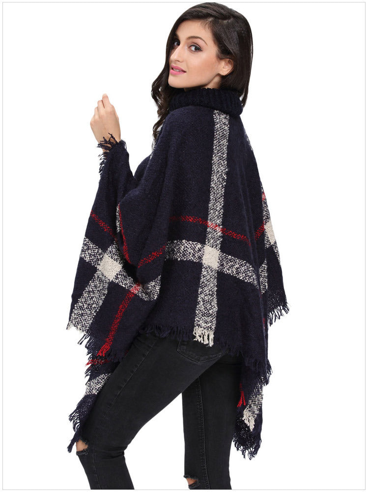 Knit Sweater with Turtleneck and Fringe Cape Design