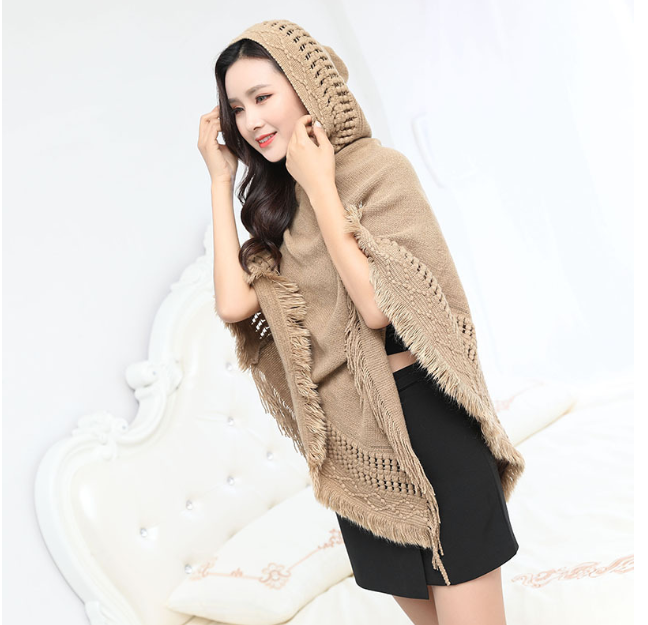 Hooded Solid Color Fringe Cape Shawl