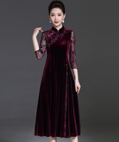 High-End Western Style Long Sleeve Gold Velvet Dress