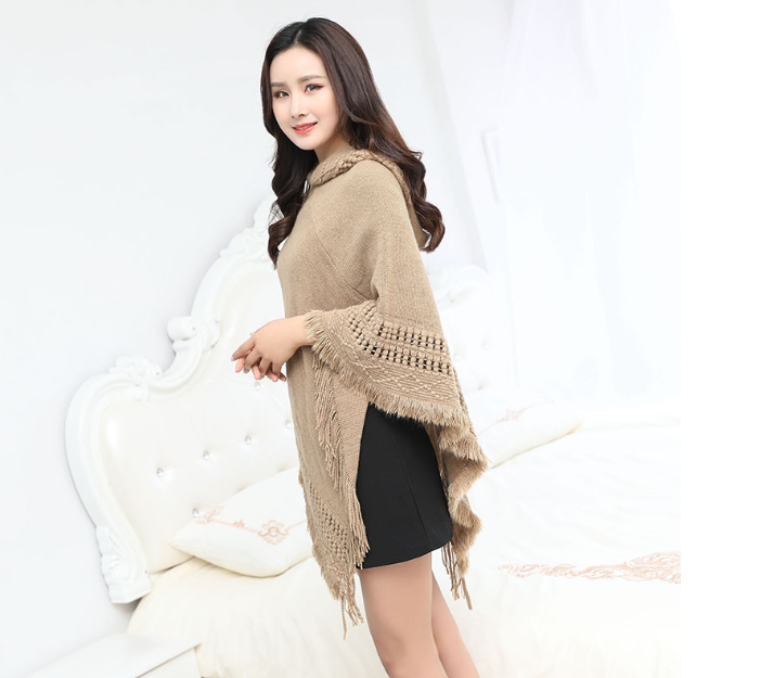 Hooded Solid Color Fringe Cape Shawl