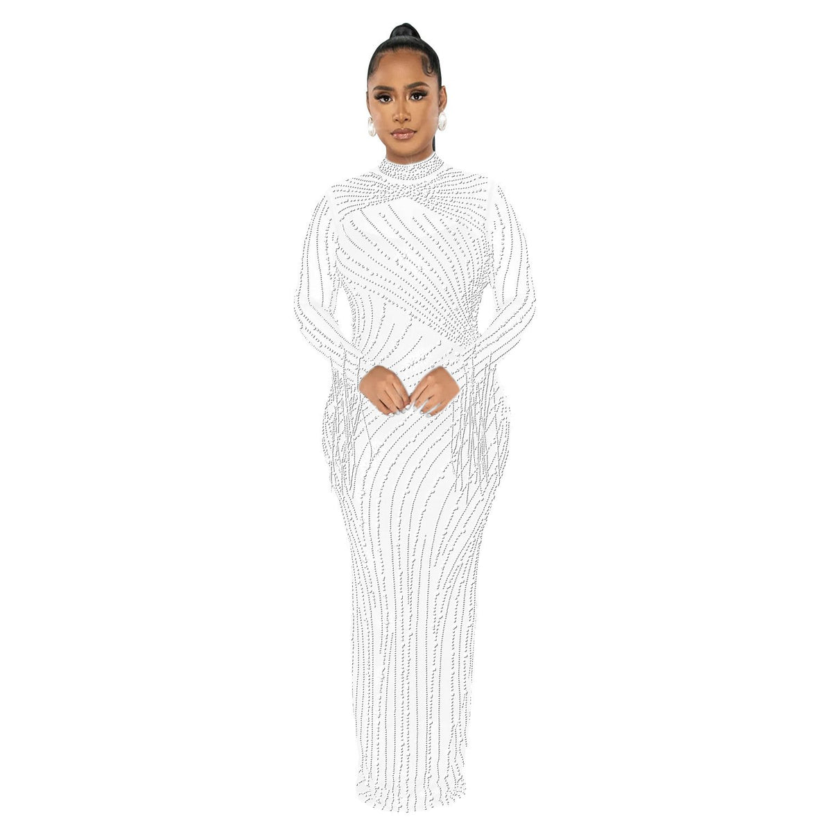 Women's Rhinestone Mesh Long Sleeve Dress Set