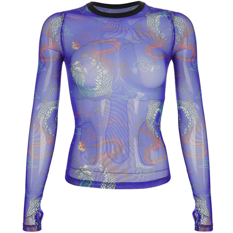 Chinese Dragon Print Mesh T-Shirt for Women