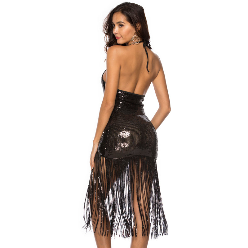 Gold Sequined Backless Fringed Tea Length Disco Dress