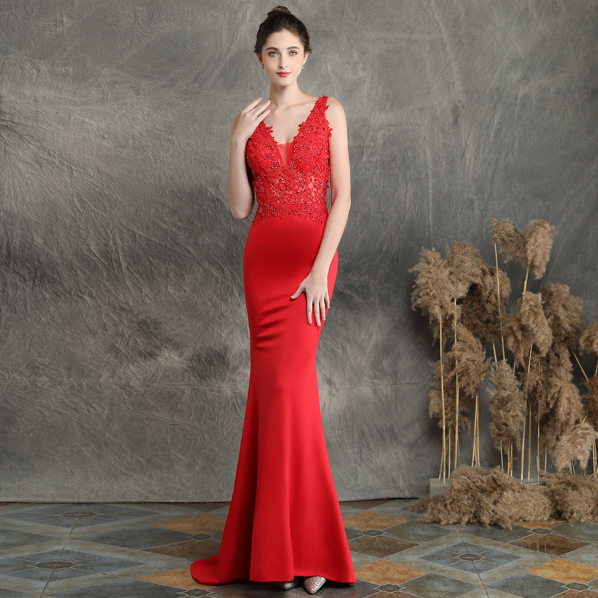 Beaded Appliqué Long Toast Dress for Bride