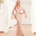 Women's Casual V-Neck Slit Long Sleeve Evening Dress