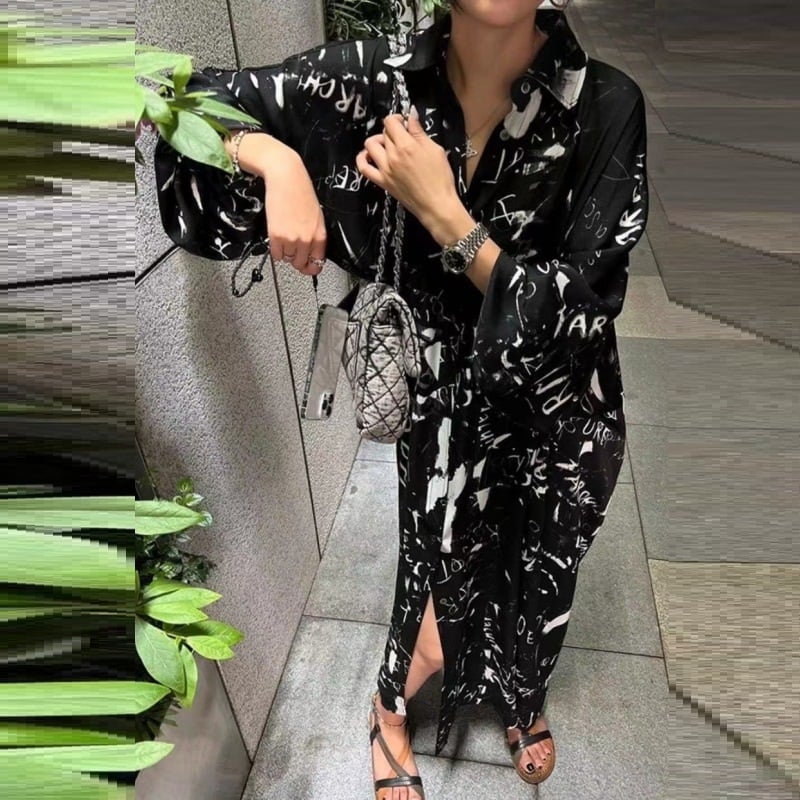 Blooming Print Loose Mid-Length Puff Sleeve Dress