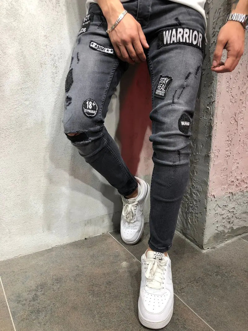 Men's Zippered Ripped Knee Slim Fit Motorcycle Jeans