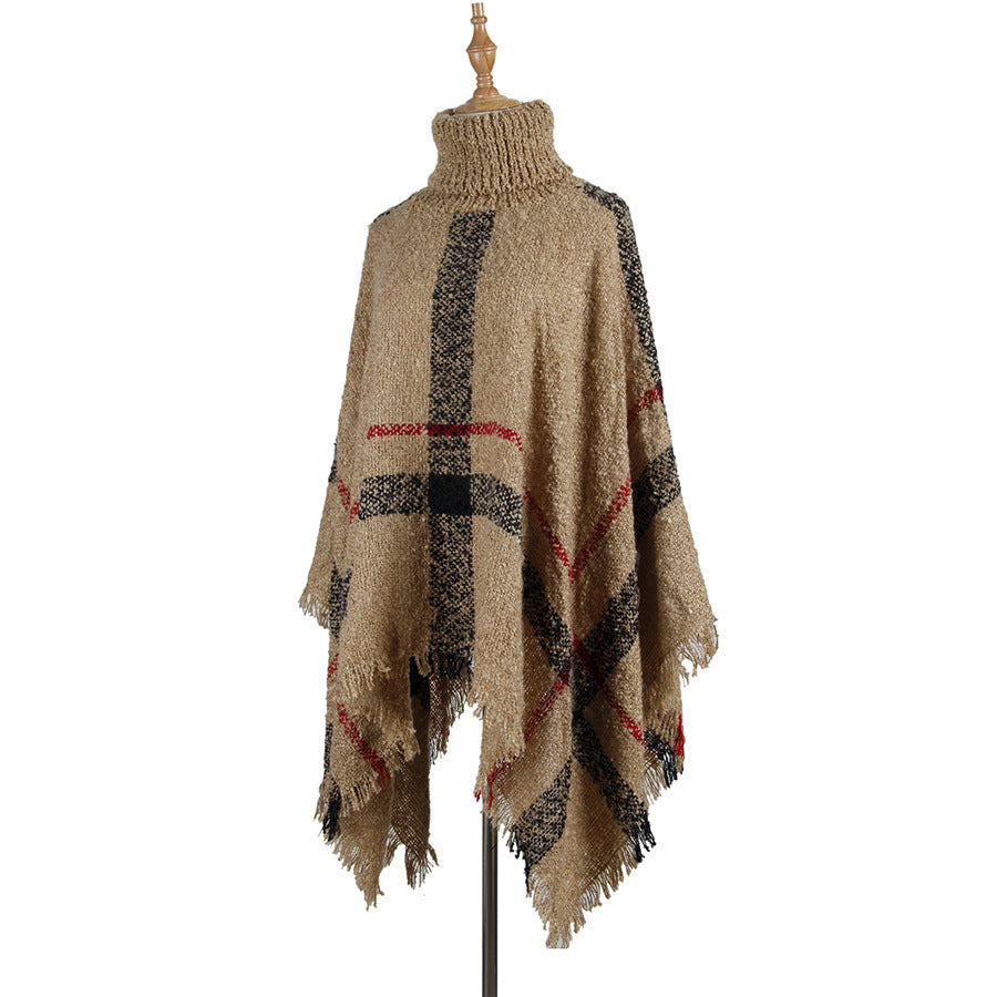 Knit Sweater with Turtleneck and Fringe Cape Design