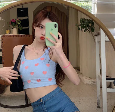 Heart Pattern Crop Top with Spaghetti Straps